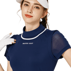 BLKTEE網紗袖圓領女短袖上衣(寶藍)