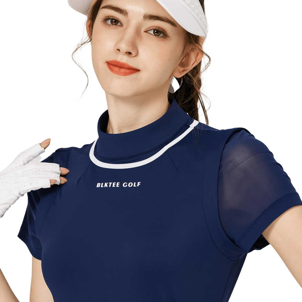 BLKTEE網紗袖圓領女短袖上衣(寶藍)