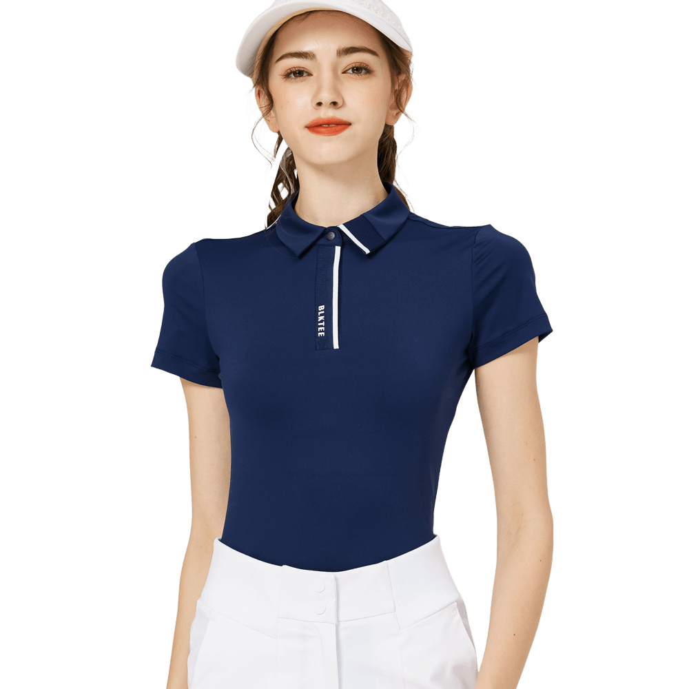 BLKTEE高彈柔軟翻領女短袖上衣(寶藍)