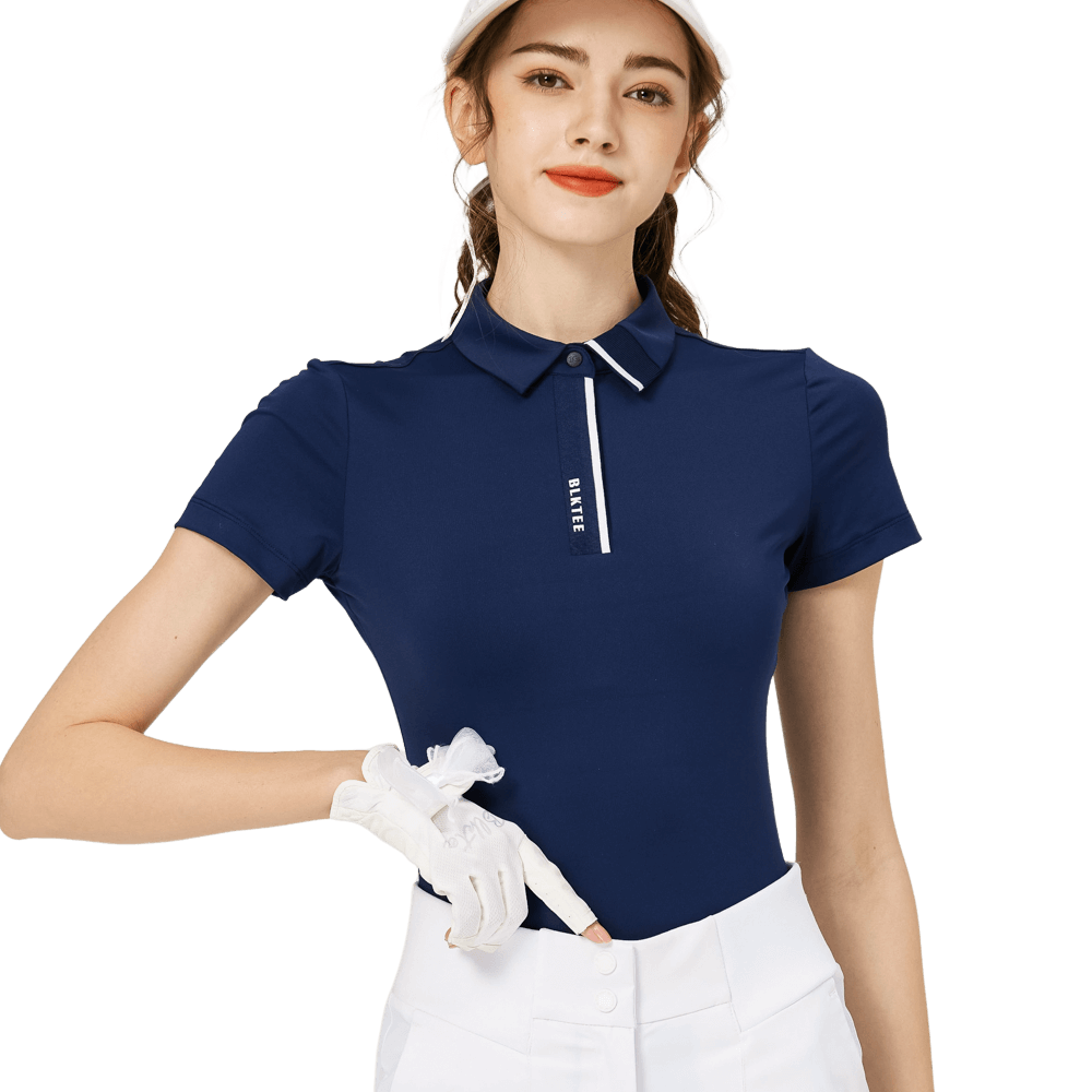 BLKTEE高彈柔軟翻領女短袖上衣(寶藍)