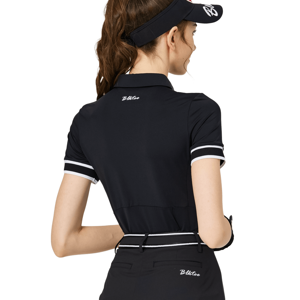 BLKTEE螺紋袖口絲光女短袖上衣(黑色)