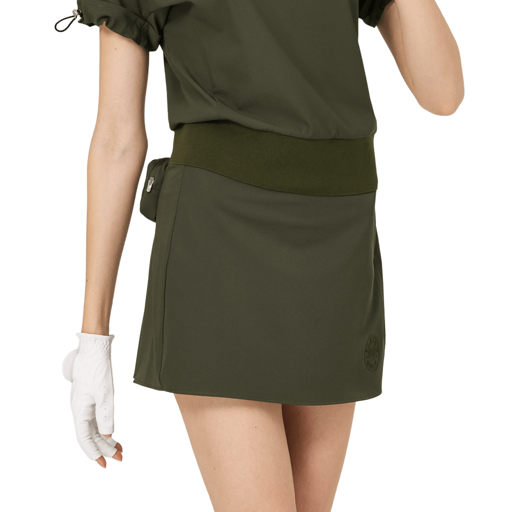 BLKTEE後百褶高腰修身女短裙(軍綠色)