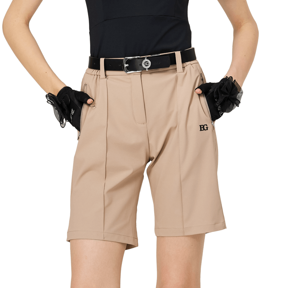 BLKTEE寬鬆版彈力五分女短褲(卡其)