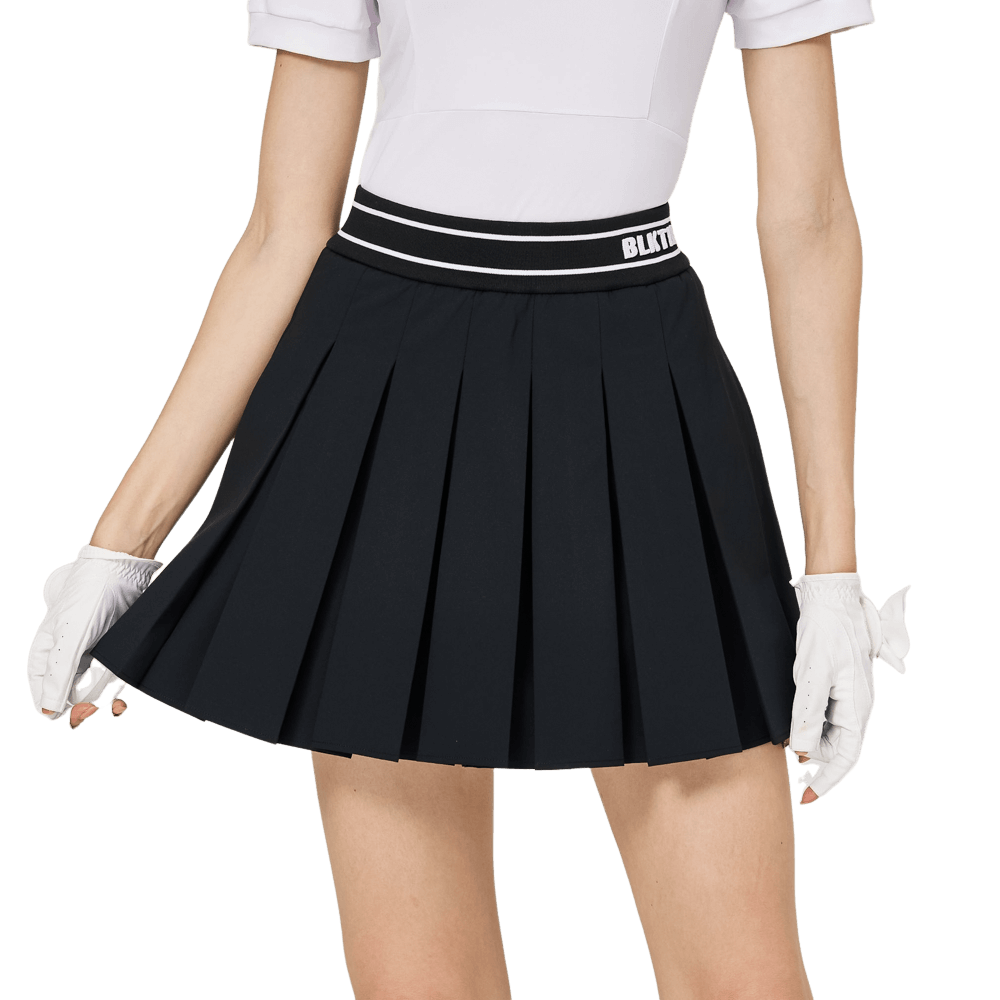 BLKTEE彈性高腰學院風女百褶裙(黑色)