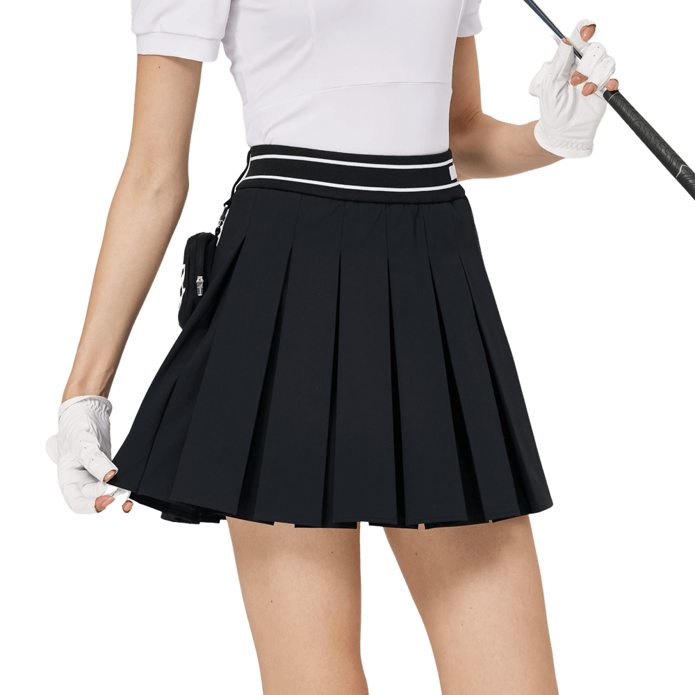 BLKTEE彈性高腰學院風女百褶裙(黑色)