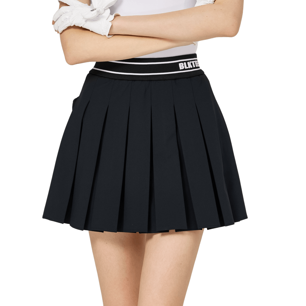 BLKTEE彈性高腰學院風女百褶裙(黑色)