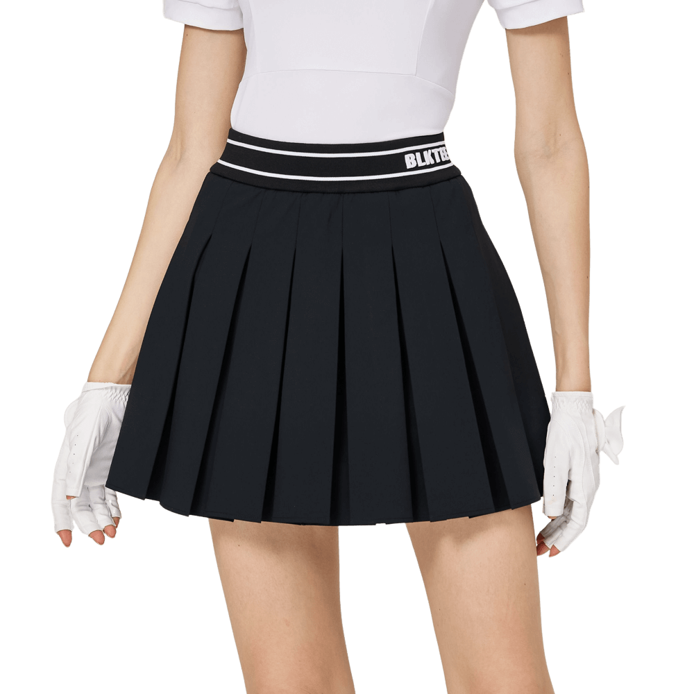 BLKTEE彈性高腰學院風女百褶裙(黑色)