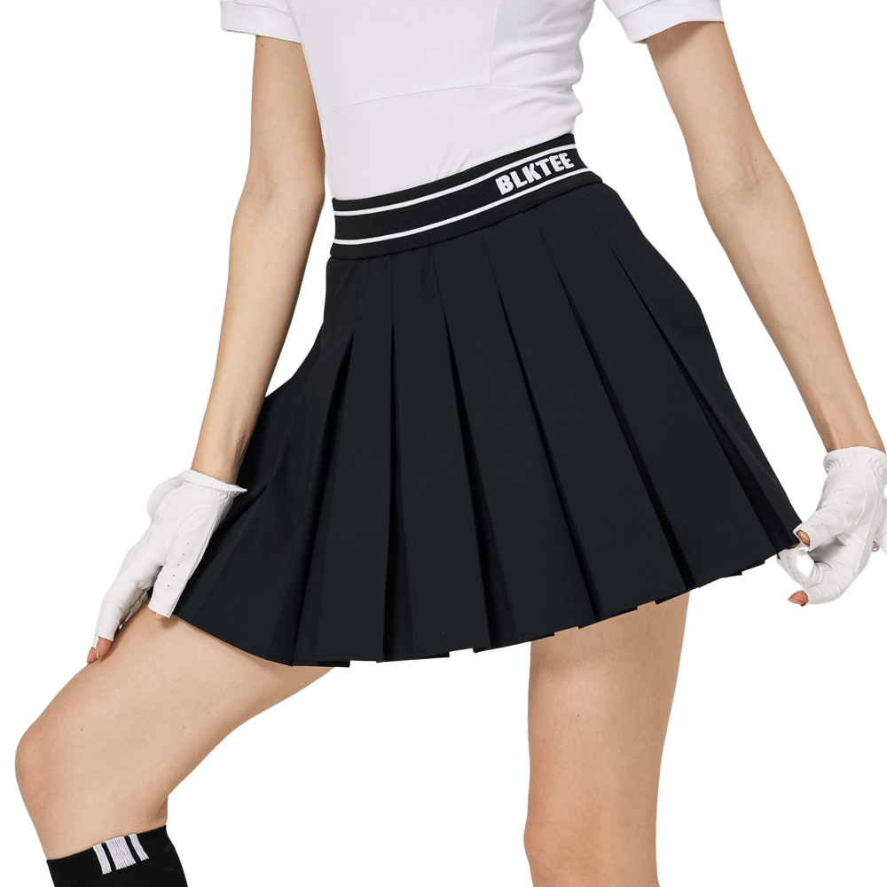 BLKTEE彈性高腰學院風女百褶裙(黑色)