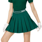 BLKTEE彈性高腰學院風女百褶裙(墨綠)