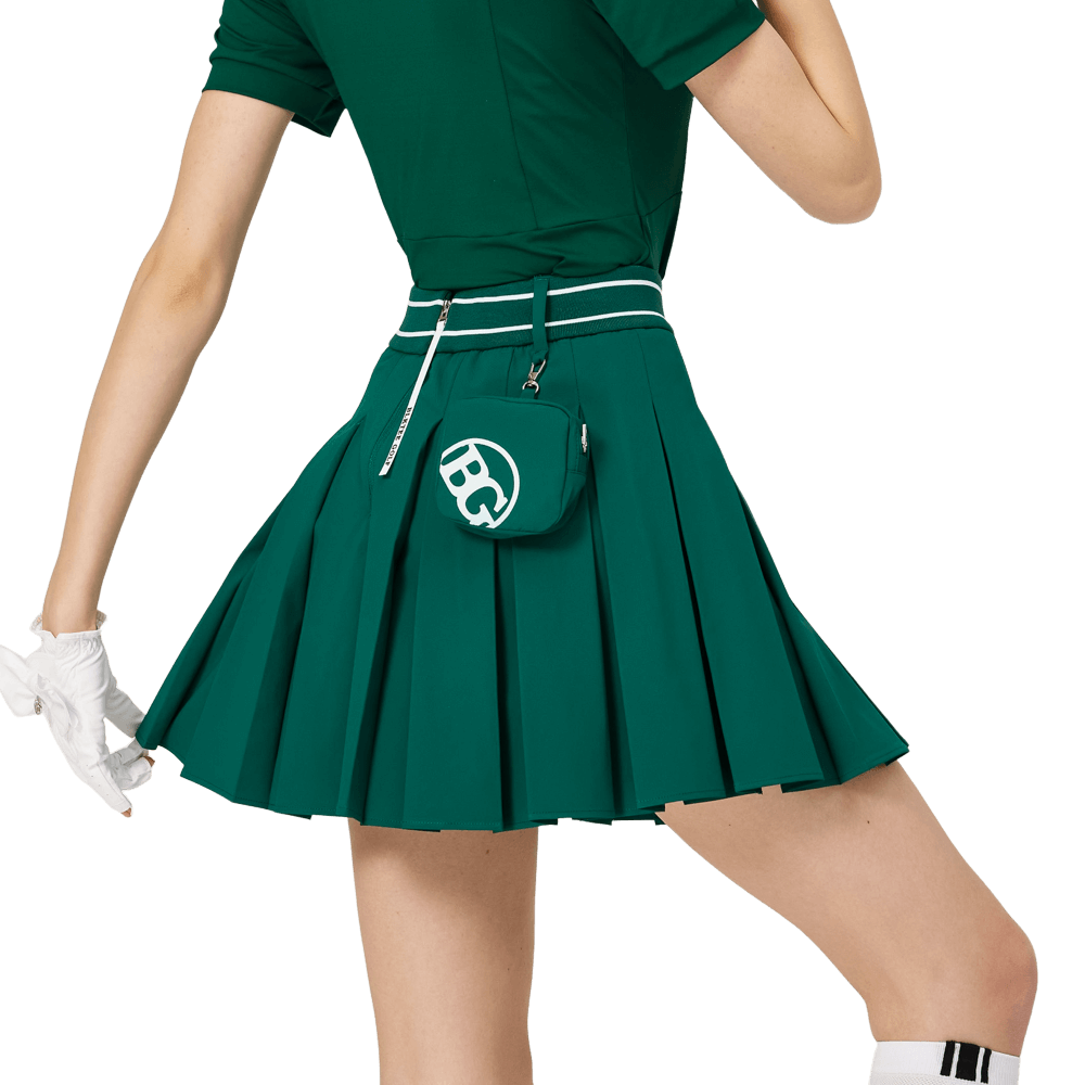 BLKTEE彈性高腰學院風女百褶裙(墨綠)