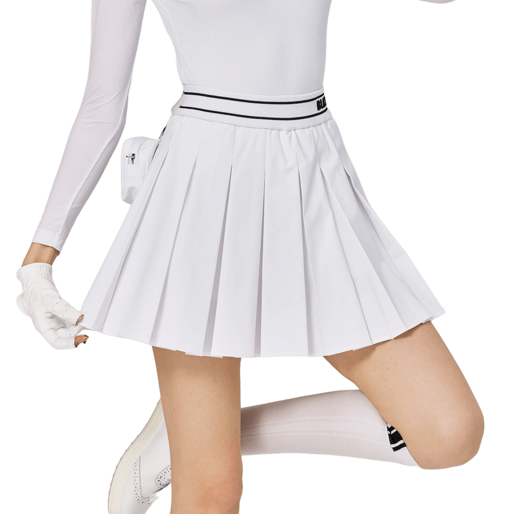 BLKTEE彈性高腰學院風女百褶裙(白色)