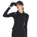 Kardigan hitam berlengan panjang.
