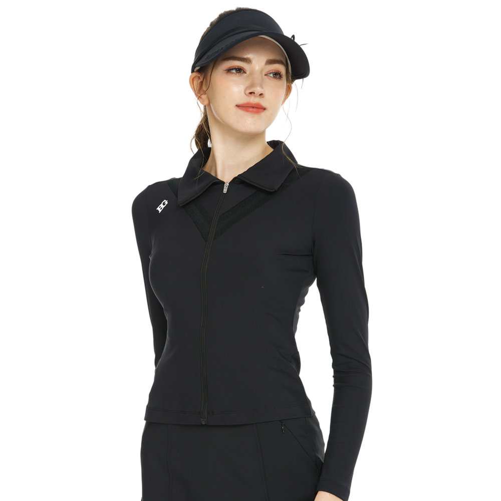 Kardigan hitam berlengan panjang.