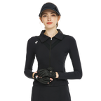 Kardigan hitam berlengan panjang.