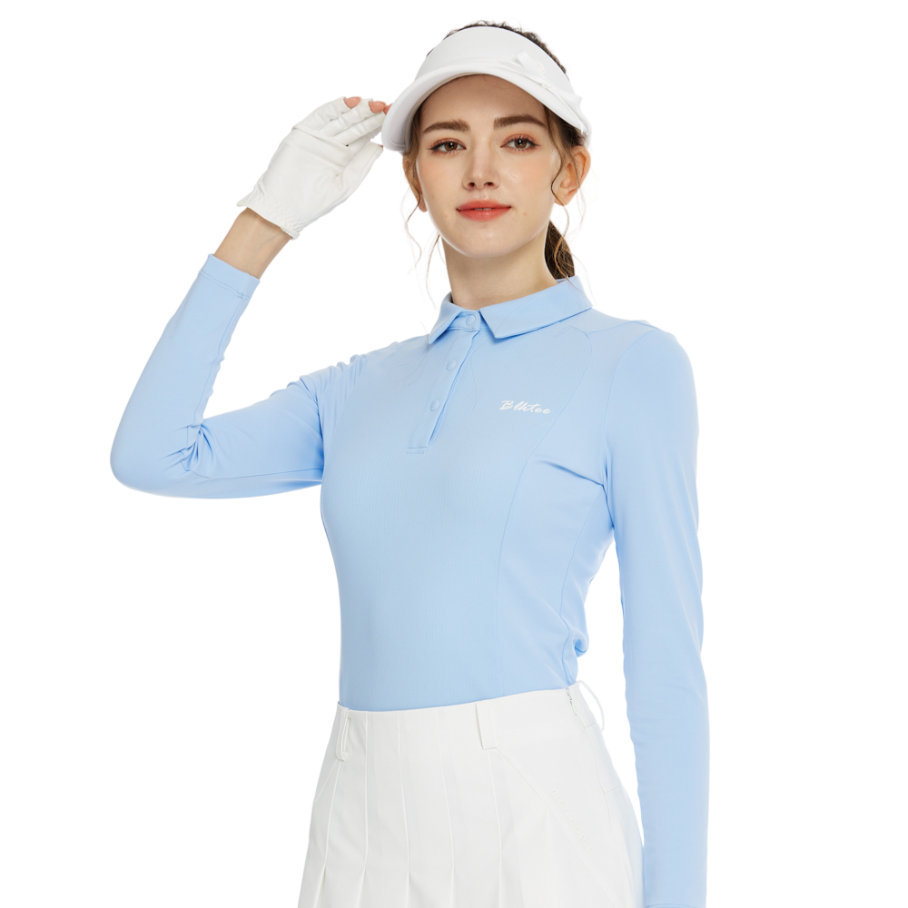 BLKTEE同色拼接長袖上衣(粉藍)