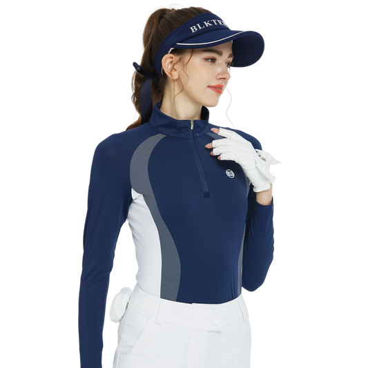 BLKTEE拉鍊立領拼色長袖上衣(寶藍)