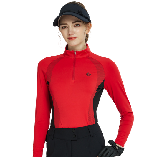 BLKTEE拉鍊立領拼色長袖上衣(紅)