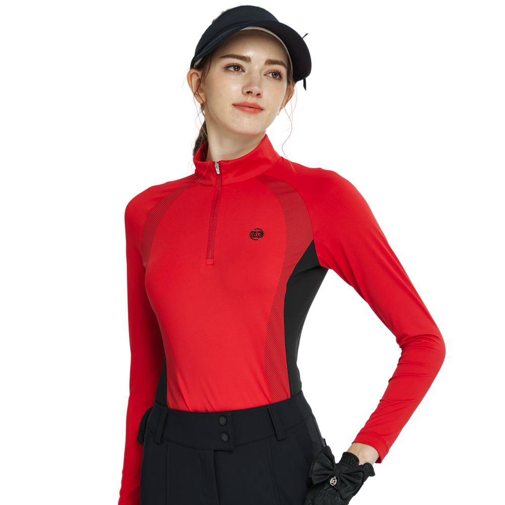 BLKTEE拉鍊立領拼色長袖上衣(紅)