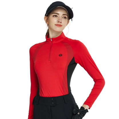 BLKTEE拉鍊立領拼色長袖上衣(紅)