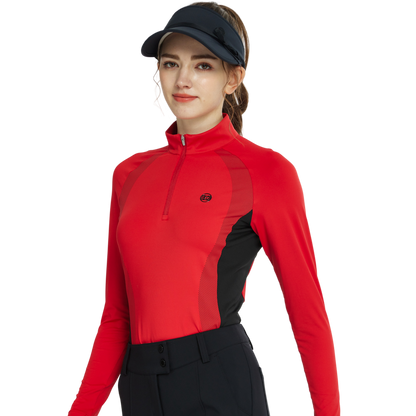 BLKTEE拉鍊立領拼色長袖上衣(紅)