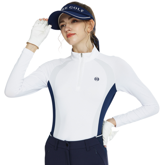 BLKTEE拉鍊立領拼色長袖上衣(白)