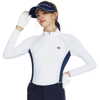 Zippered stand-up collar color-blocked long-sleeved top (white)