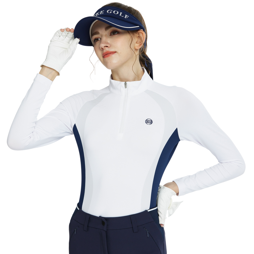 Zippered stand-up collar color-blocked long-sleeved top (white)