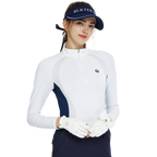 Zippered stand-up collar color-blocked long-sleeved top (white)