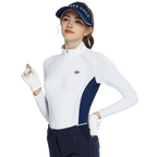 Zippered stand-up collar color-blocked long-sleeved top (white)