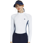 Zippered stand-up collar color-blocked long-sleeved top (white)