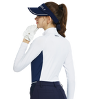 Zippered stand-up collar color-blocked long-sleeved top (white)