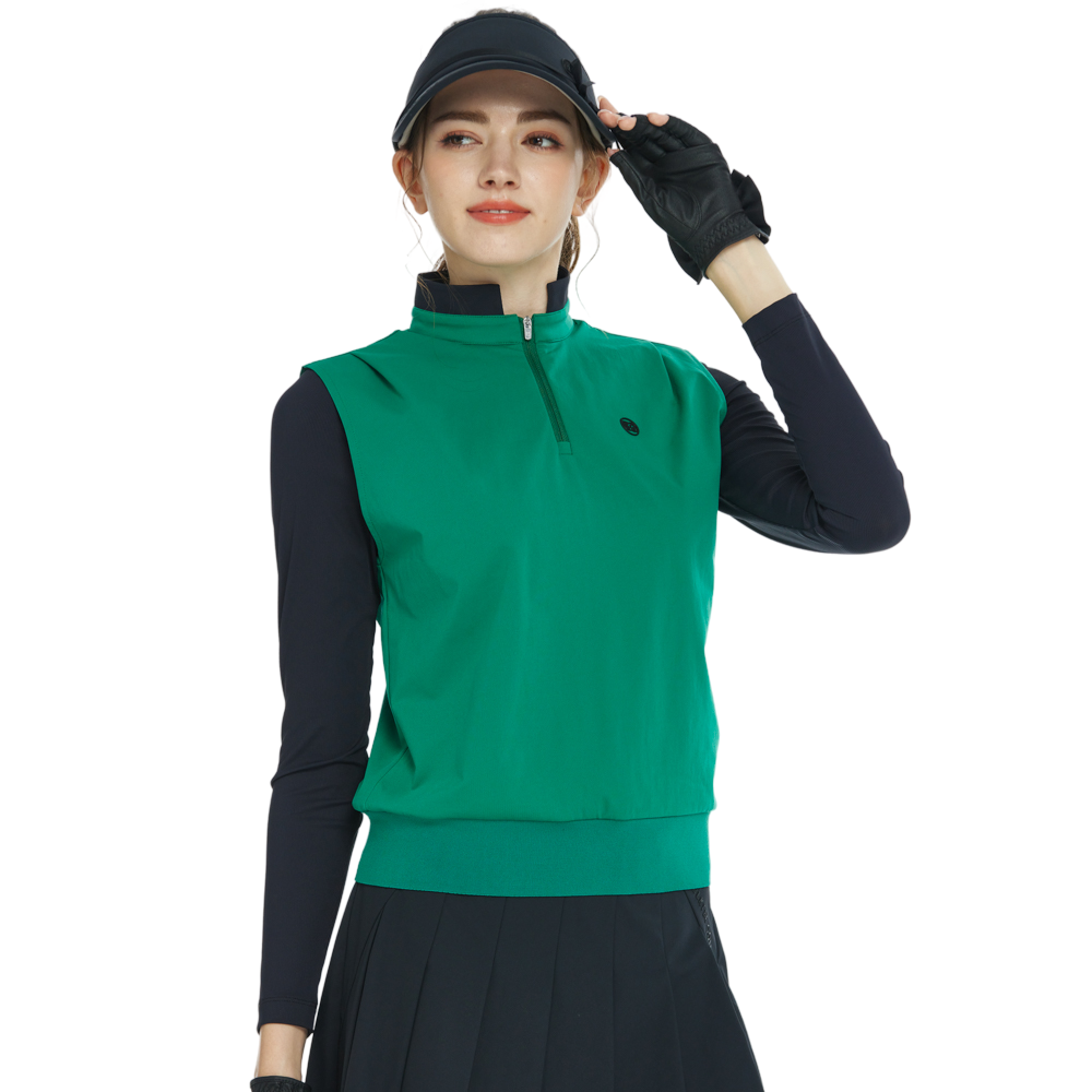 Stand-up collar, fitted waist, long-sleeved vest (green)