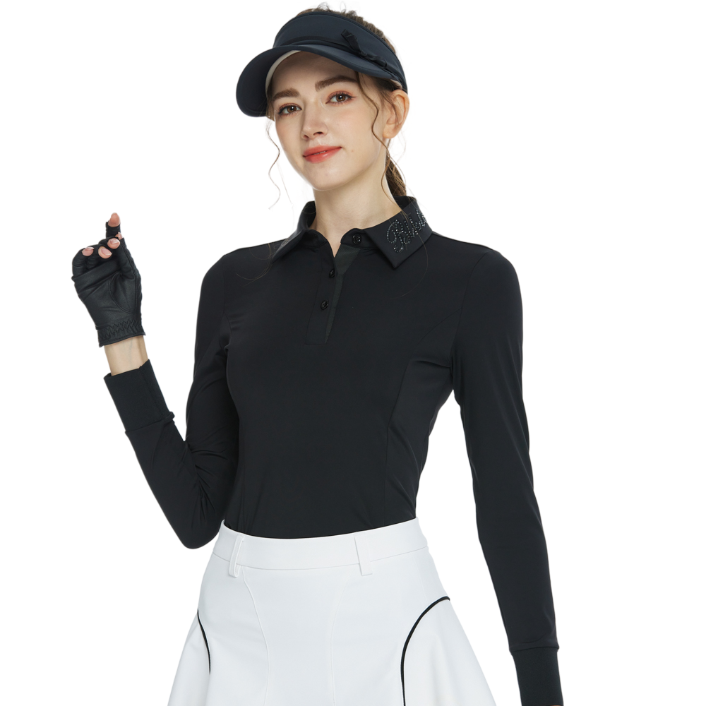 BLKTEE翻領燙鑽長袖上衣(黑)