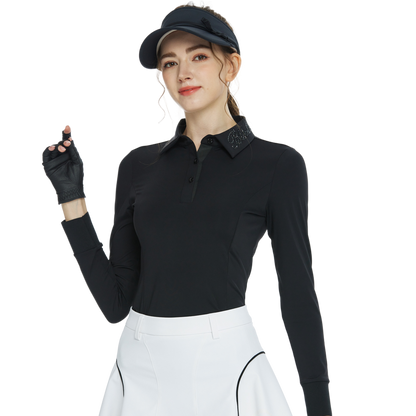 BLKTEE翻領燙鑽長袖上衣(黑)