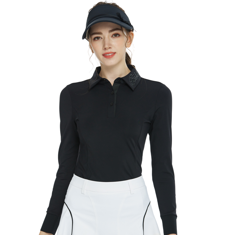 BLKTEE翻領燙鑽長袖上衣(黑)