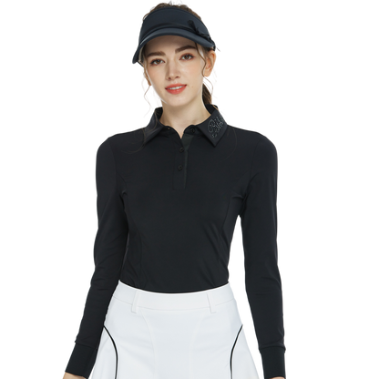 BLKTEE翻領燙鑽長袖上衣(黑)