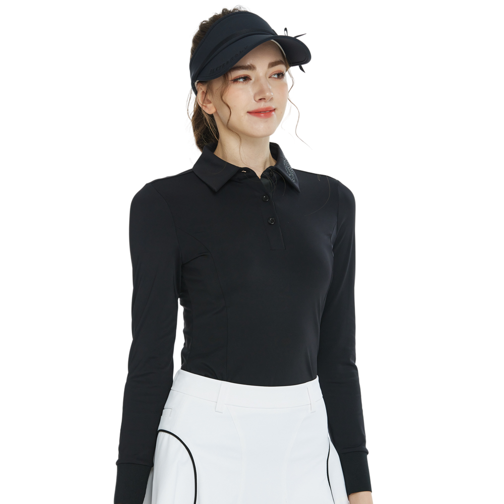 BLKTEE翻領燙鑽長袖上衣(黑)