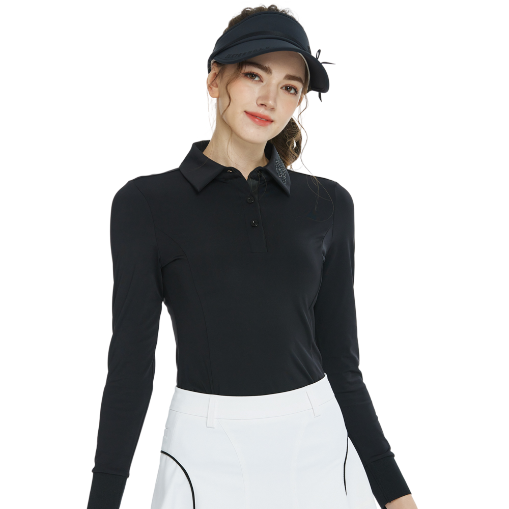 BLKTEE翻領燙鑽長袖上衣(黑)