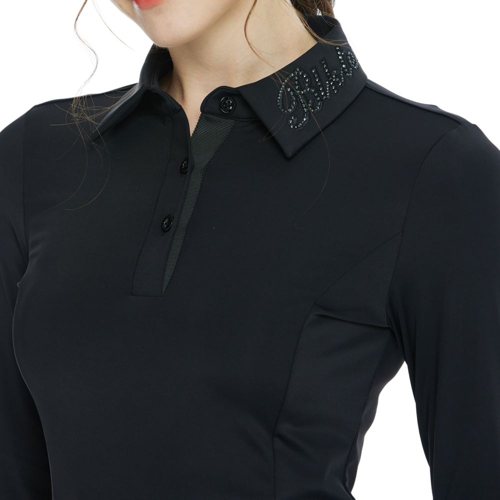 BLKTEE翻領燙鑽長袖上衣(黑)