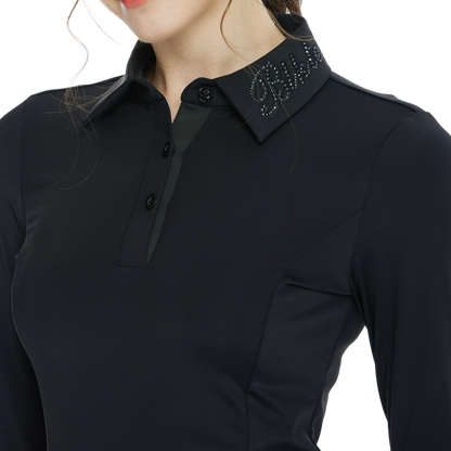 BLKTEE翻領燙鑽長袖上衣(黑)