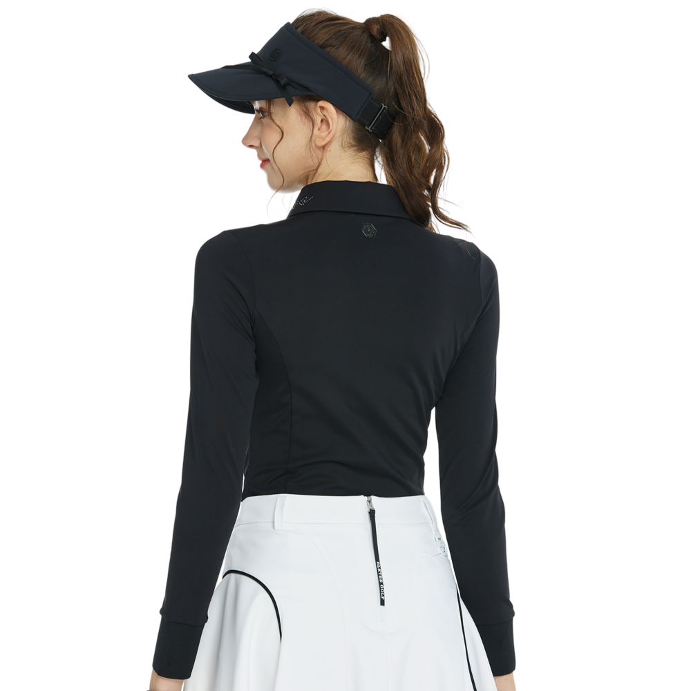 BLKTEE翻領燙鑽長袖上衣(黑)