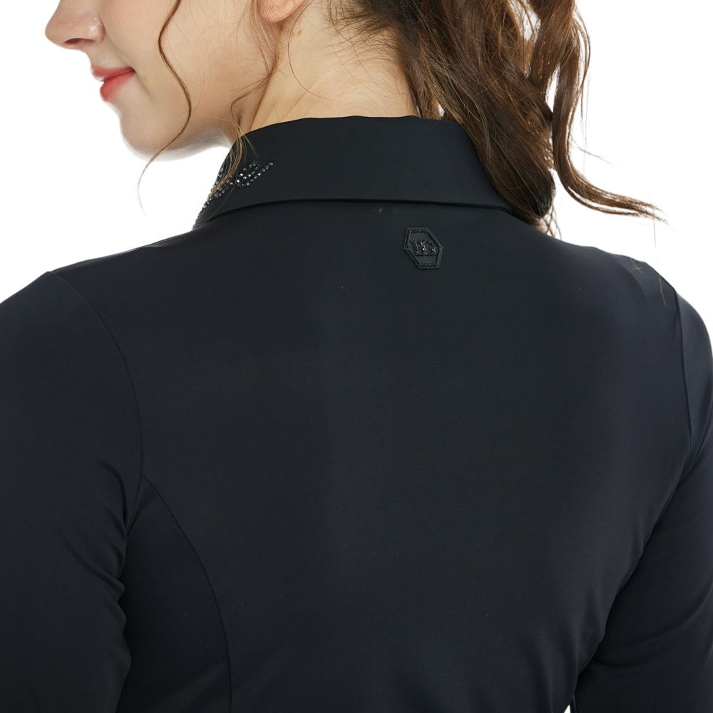 BLKTEE翻領燙鑽長袖上衣(黑)