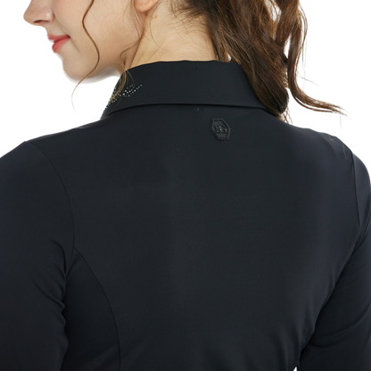 BLKTEE翻領燙鑽長袖上衣(黑)