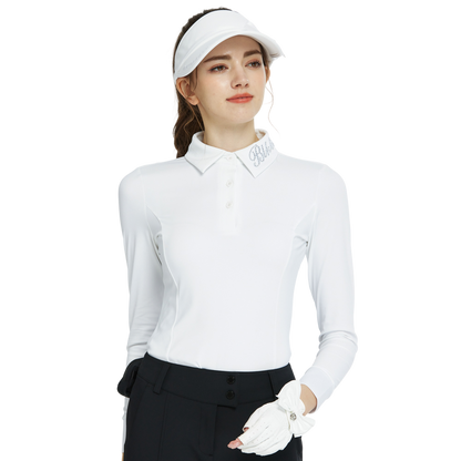 BLKTEE翻領燙鑽長袖上衣(白)