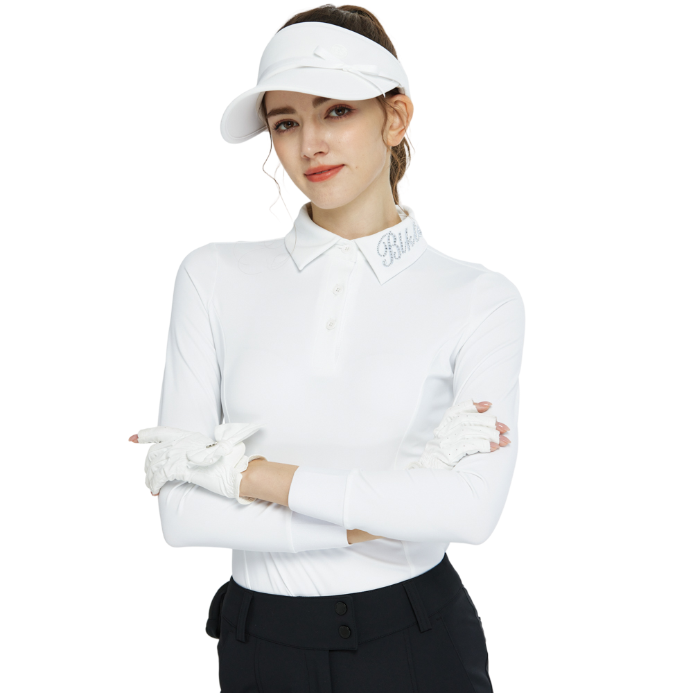 BLKTEE翻領燙鑽長袖上衣(白)