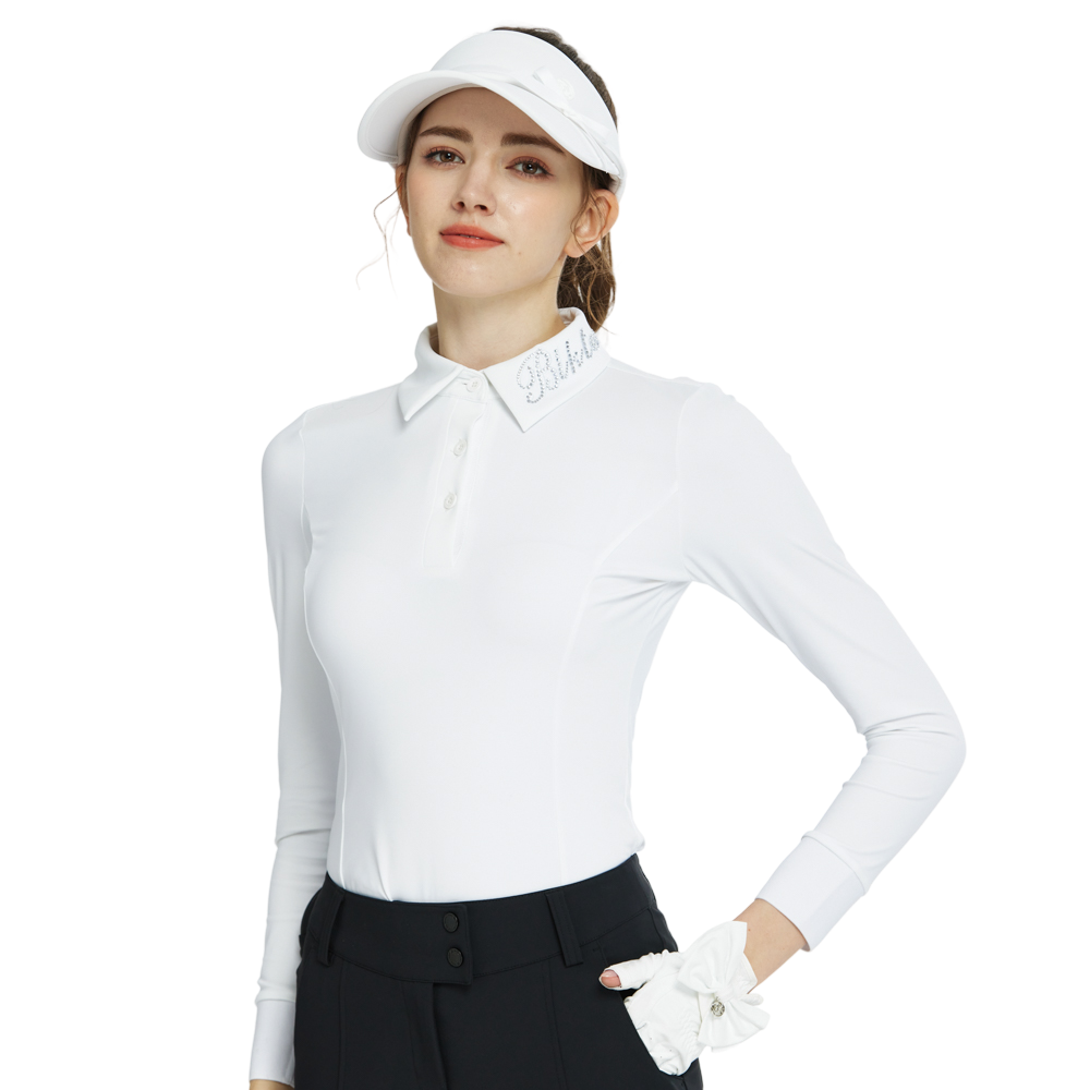 BLKTEE翻領燙鑽長袖上衣(白)