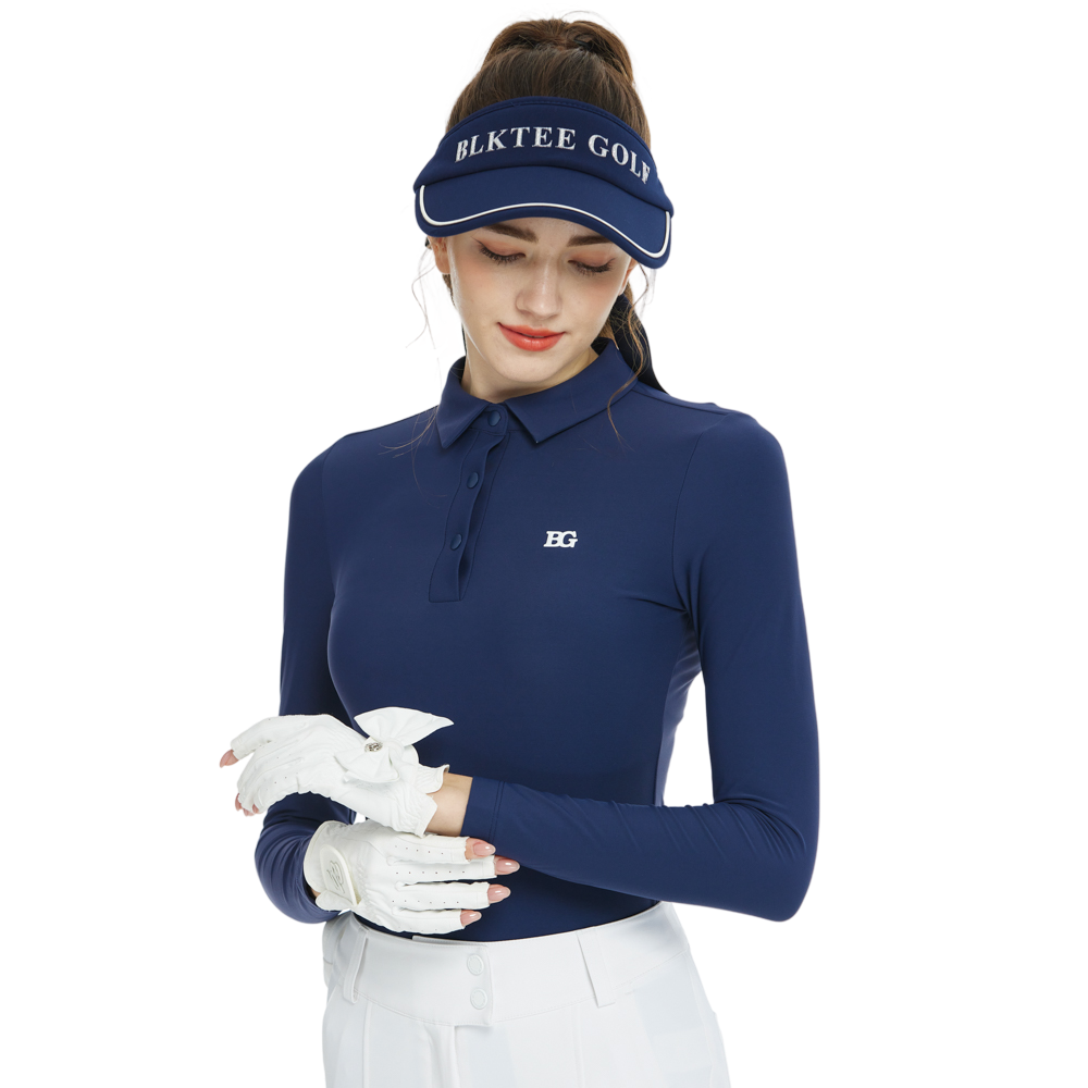BLKTEE翻領收腰長袖上衣(寶藍)