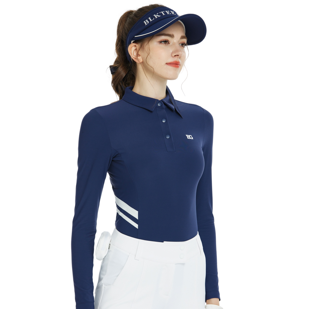 Baju berkolar, pinggang ketat, lengan panjang (biru diraja)