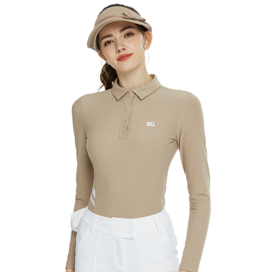 BLKTEE翻領收腰長袖上衣(卡其)