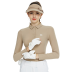 Collared, fitted waist, long-sleeved top (khaki)